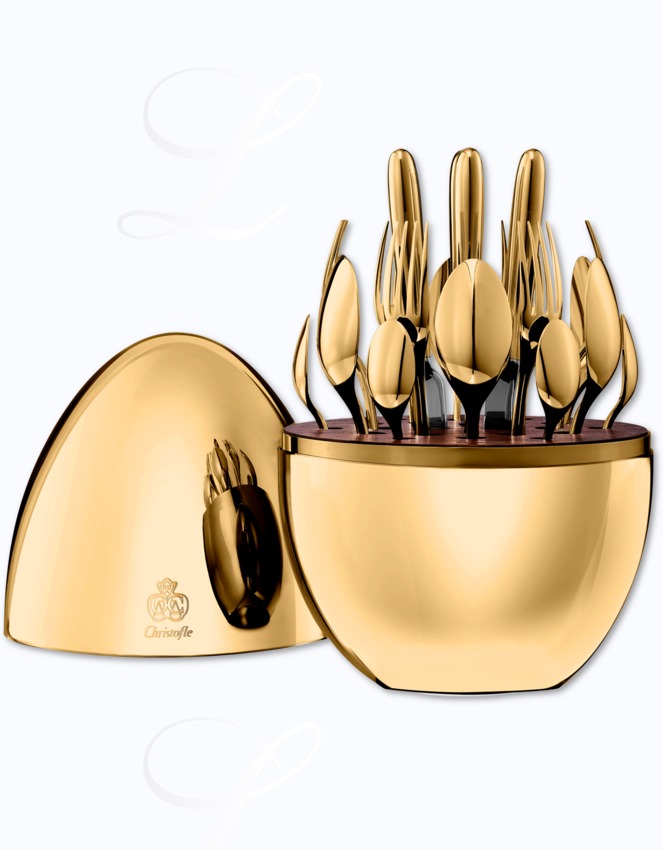 Christofle Mood Gold Christofle Mood Gold  Garnitur Tafelbesteck 24 tlg im Design-Ei  Goldauflage